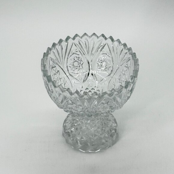 Vintage Footed Clear Cut Glass Bowl With Sawtooth Rim 5" Tall Heavy Decorative P - Picture 3 of 10